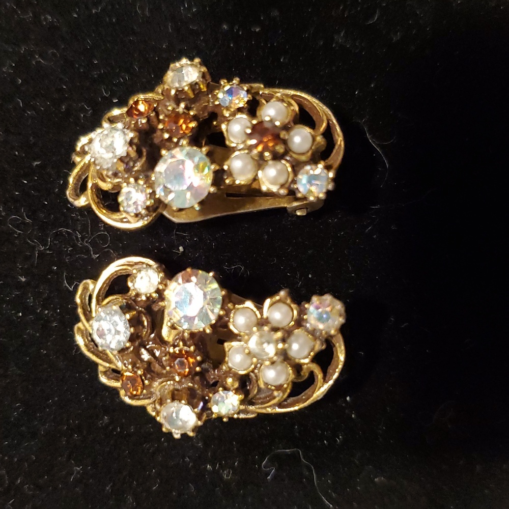 Vintage Gold Crystal Clear and Purple Clip on Earrings Signed Florenza